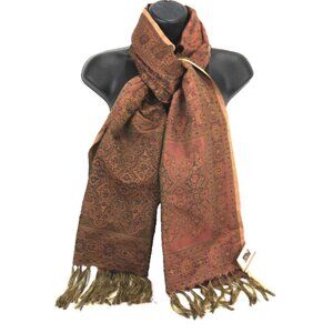 Ten Thousand Villages handmade Scrollwork Scarf 78 x 22 brown, red & gold, NEW